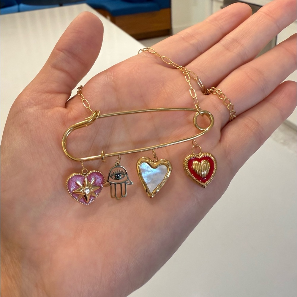 Celine13 18K‎ Gold Plated Spiritual Talisman Necklace – Hearts & Hamsa Charms